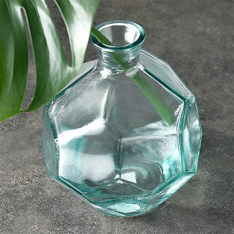 Vase Géométrique Polygonale Transparent en verre présentation du modèle rond avec plante verte, vu de près.