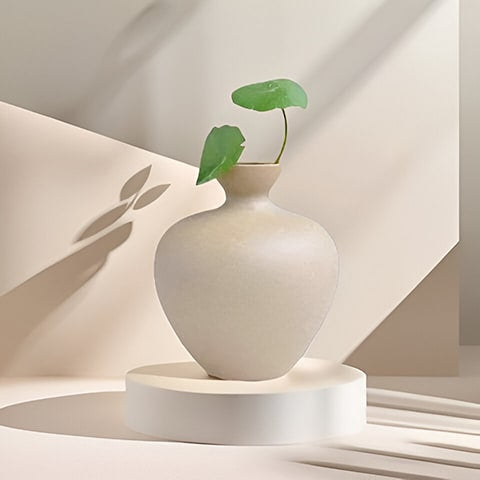Vase en grès beige mise en scène avec plante verte.