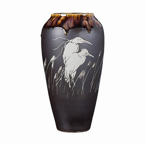 Vase gris anthracite motif oiseaux blancs modèle L sur fond blanc.