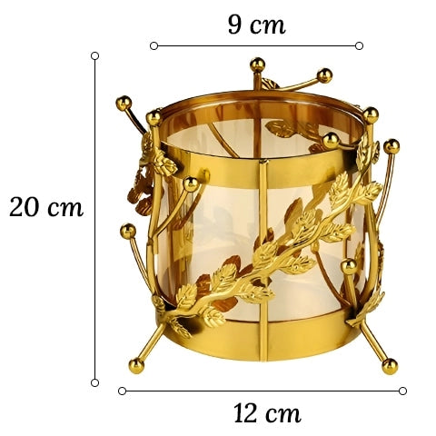 Vase Longiligne Transparent Cerclage Feuilles Dorées en Verre et Métal dimensions du  modèle S sur fond blanc.