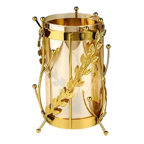 Vase Longiligne Transparent Cerclage Feuilles Dorées en Verre et Métal modèle L.