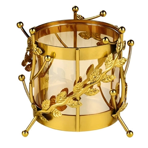 Vase Longiligne Transparent Cerclage Feuilles Dorées en Verre et Métal modèle S.