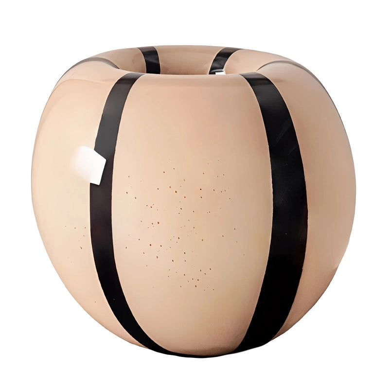 Vase Moderne Noir et Beige, Rayures Verticales, présentation du modèle boule sur fond blanc sans fleurs.