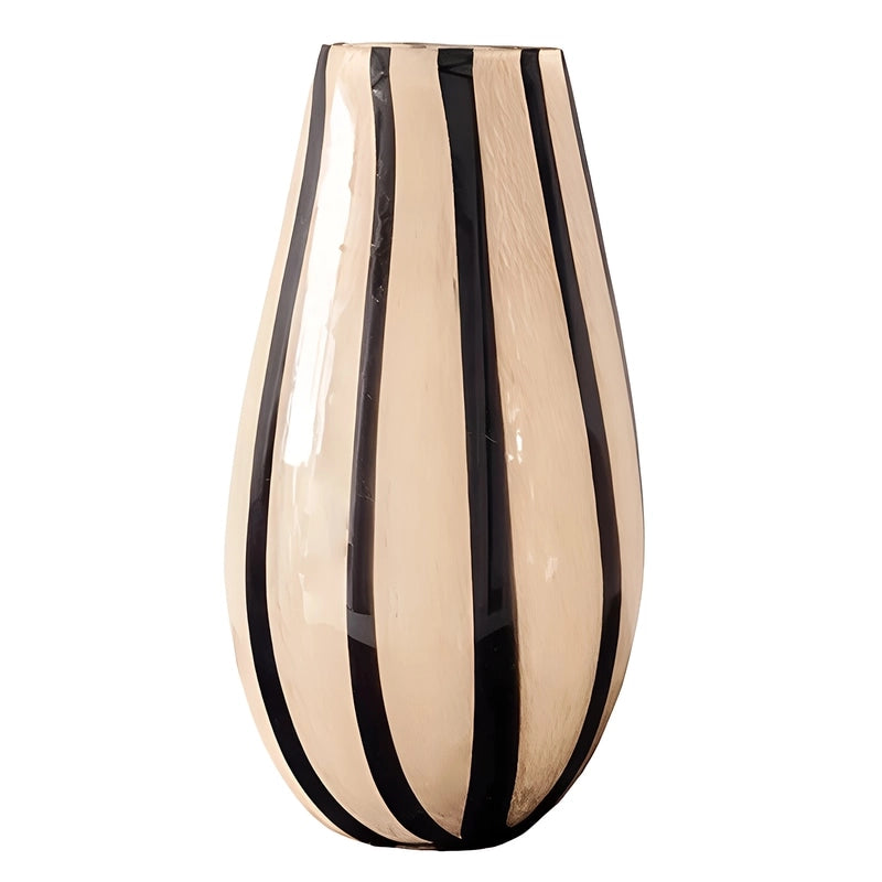 Vase Moderne Noir et Beige, Rayures Verticales, présentation du modèle haut sur fond blanc sans fleurs.