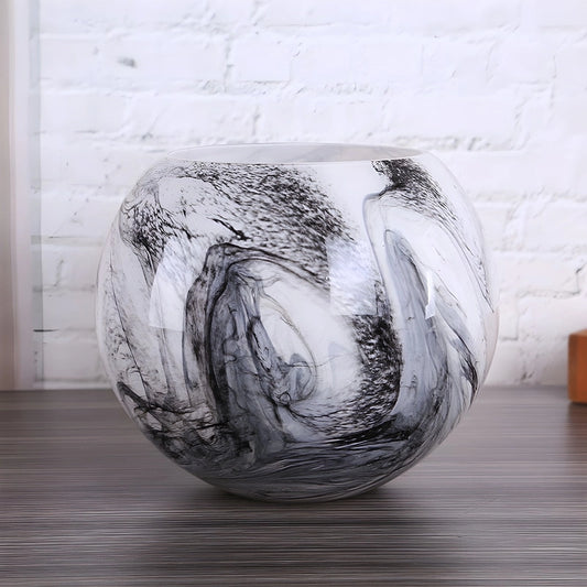 Vase Motif Marbre Rond Élégant en Verre présentation du modèle grand 20cm, sans fleurs.