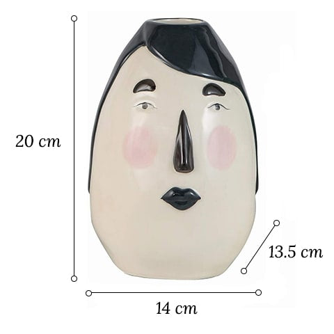 Vase ovale blanc visage original en céramique dimensions sur fond blanc.