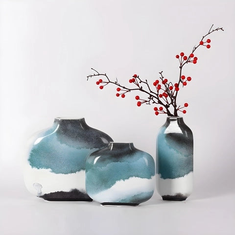 Vase Paysage d'Encre Créatif en Céramique, présentation de tous les modèles avec tiges florales.