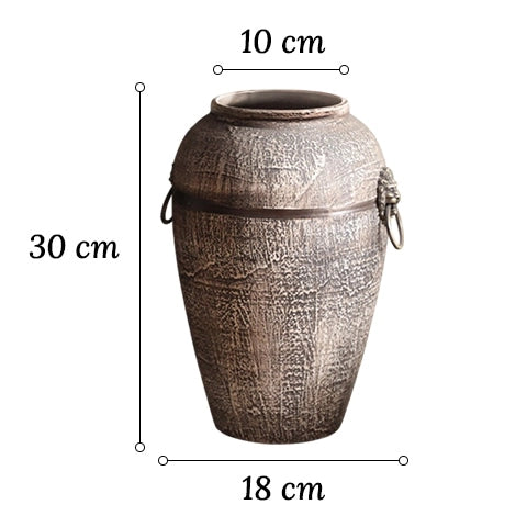 Vase Rétro Cerclage Cuivré avec Poignées Têtes de Lion en Céramique dimensions du modèle M sur fond blanc.