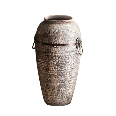 Vase Rétro Cerclage Cuivré avec Poignées Têtes de Lion en Céramique modèle L.