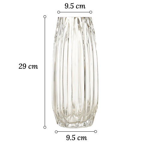 Vase simple incurvé vert ou transparent en verre dimensions taille M sur fond blanc.