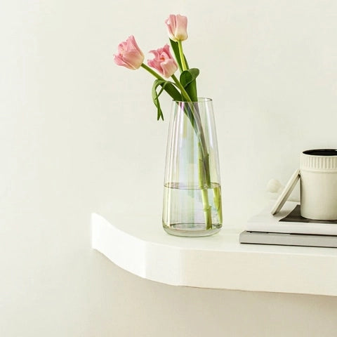 Vase translucide reflet irisé en verre modèle Transparent avec fleurs posé sur une étagère blanche.