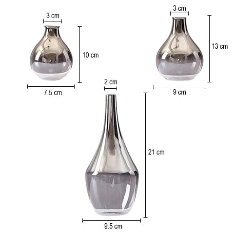 Vase transparent argenté goutte d'eau dimensions de tous les modèles.