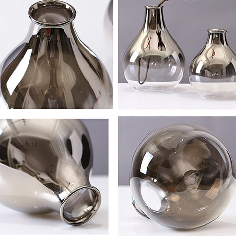 Vase transparent argenté goutte d'eau présentation détails.