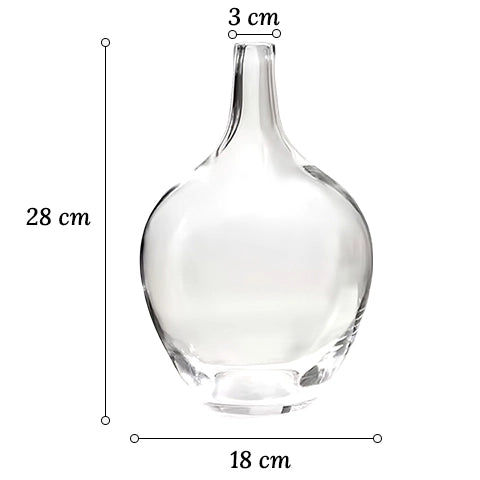 Vase transparent Dame Jeanne en verre dimensions du modèle M sur fond blanc.