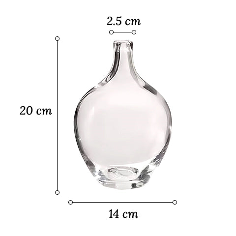 Vase transparent Dame Jeanne en verre dimensions du modèle S sur fond blanc.
