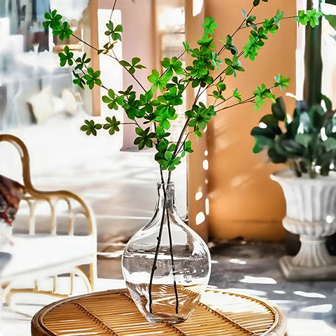 Vase Transparent Dame Jeanne en verre, présentation du modèle S avec deux tiges à feuilles sur une petite table.