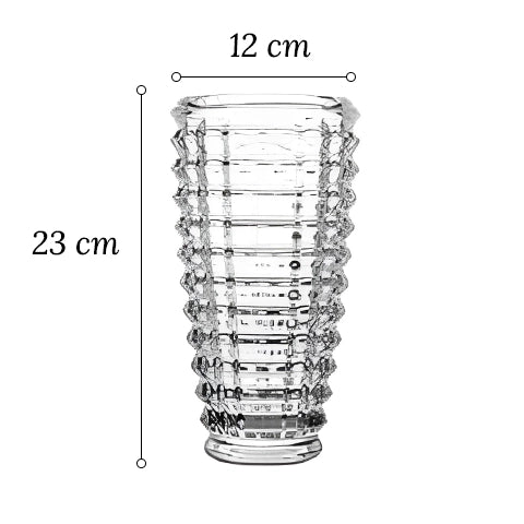 Vase Transparent Design Élégant en Verre dimensions du modèle Petit sur fond blanc.