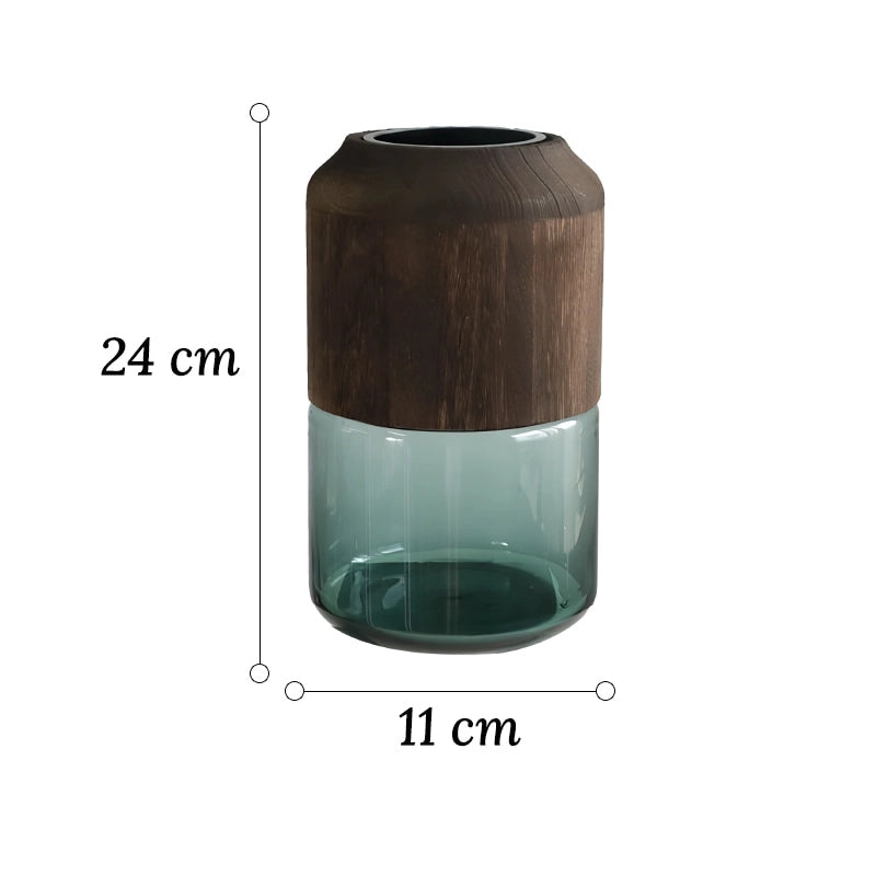 Vase Tubulaire Transparent Bi-Matières dimensions du modèle Petit 24cm sur fond blanc.