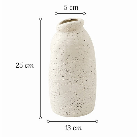 Vase vintage blanc moucheté en céramique dimensions du  modèle A sur fond blanc.