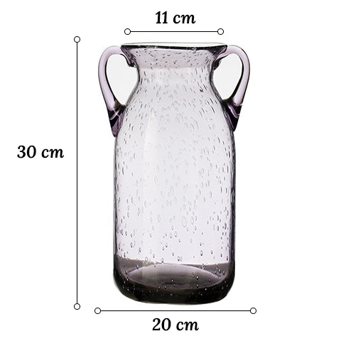 Vase violet verre bullé avec anses en verre, dimensions du modèle L sur fond blanc.
