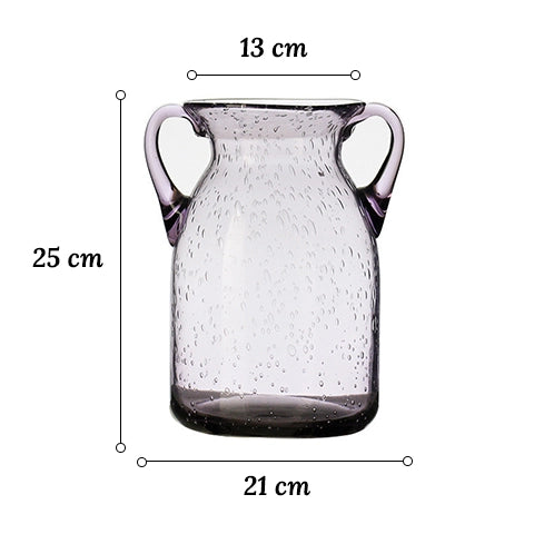 Vase violet verre bullé avec anses en verre, dimensions du modèle M sur fond blanc.
