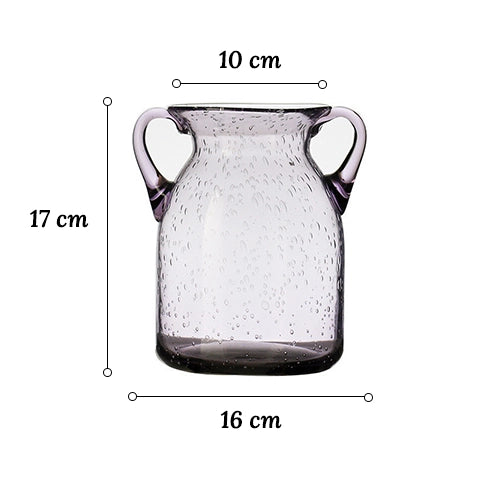 Vase violet verre bullé avec anses en verre, dimensions du modèle S sur fond blanc.