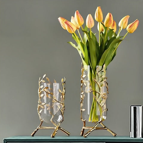 Grand vase transparent modèle Grand avec fleurs et modèle petit sans fleurs présentation.