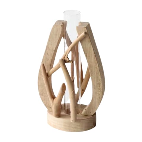 Vase soliflore artisanal en Bois et verre, présentation Style B sur fond blanc.