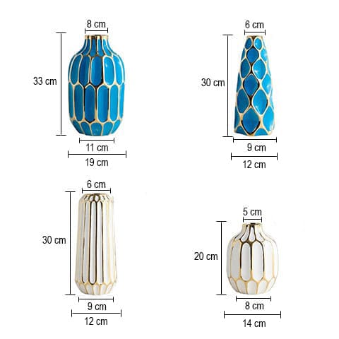 Vase bleu ou platine chic alvéoles dorées en Céramique dimensions tailles Grand & Moyen & Petit