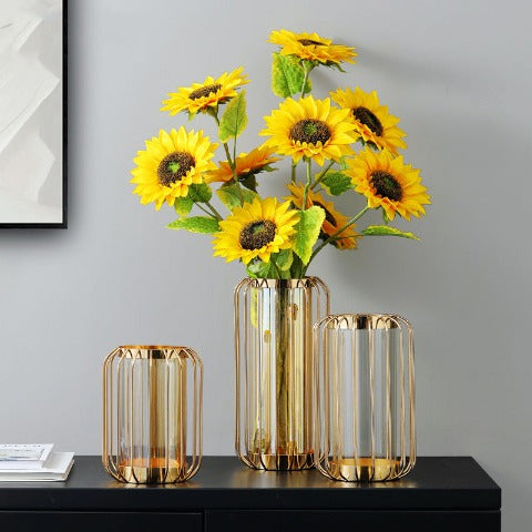Vase transparent créatif lanterne dorée en Verre & Fer présentation tailles S & M & L avec tournesol