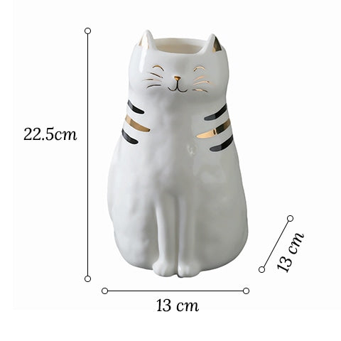 Vase en forme de Chat blanc en Céramique Dimensions sur fond blanc.