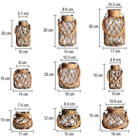 Vase lanterne tissage filet de pêche en Verre & Chanvre dimensions de tous les modèles