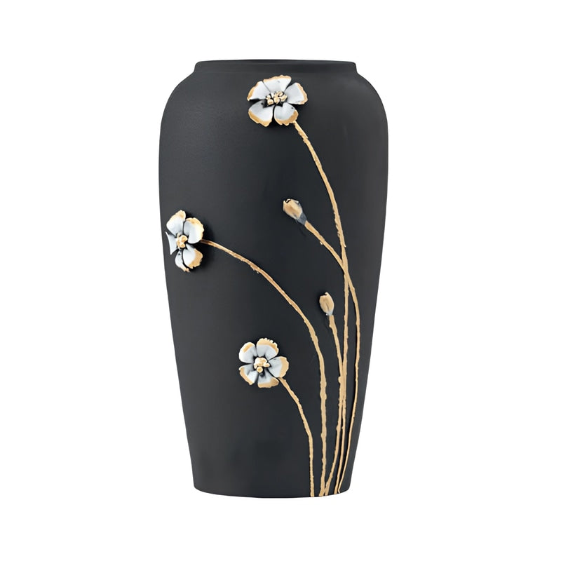 Vase monochrome bleu ou noir en Céramique Couleur Noir avec bouquet de fleurs présentation sur fond blanc.