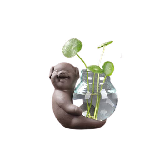 Vase soliflore mini pot thème pastoral, Verre et Céramique, Style B modèle cochon avec plante verte.