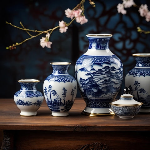 Présentation de plusieurs vases chinois anciens bleu et blanc sur une table en bois