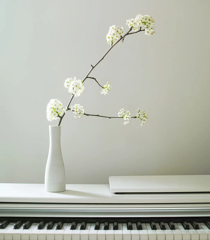 Présentation d'un soliflore blanc avec tige florale sur un piano