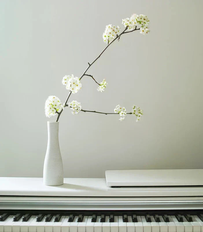 Présentation d'un soliflore blanc avec tige florale sur un piano