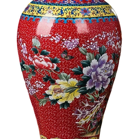 Grand vase chinois ancien rouge motif nature en Porcelaine détails motif modèle A