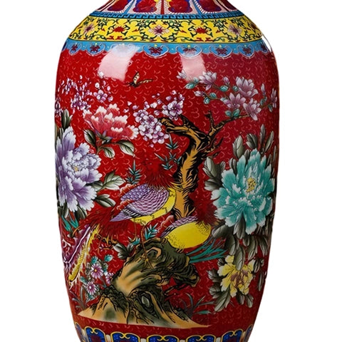 Grand vase chinois ancien rouge motif nature en Porcelaine détails motif modèle B