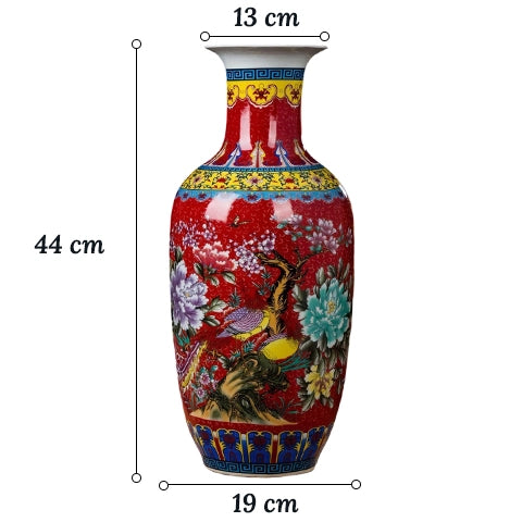 Grand vase chinois ancien rouge motif nature en Porcelaine dimensions du modèle B sur fond blanc