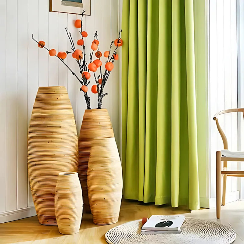 Grand vase pour Pampa présentation de tous les modèles posés au sol avec des branches.