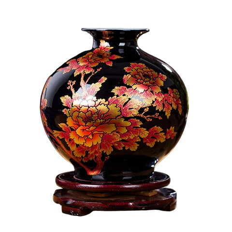 Petit vase chinois ancien noir motifs fleurs modèle A sur fond blanc