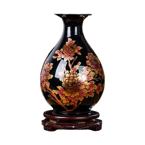 Petit vase chinois ancien noir motifs fleurs modèle B sur fond blanc