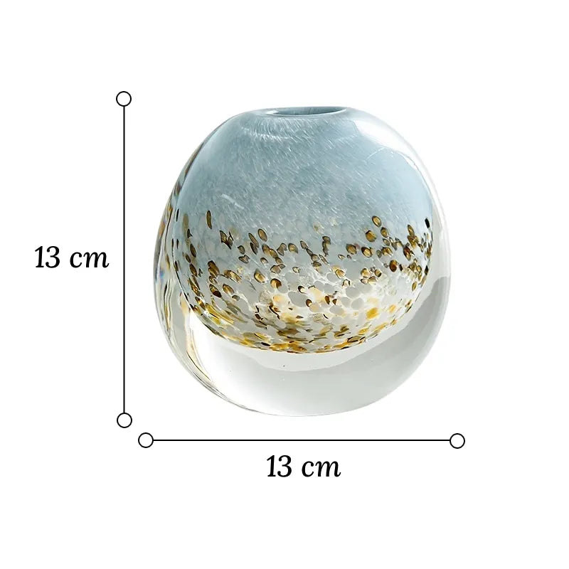 Petit Vase Luxueux Fond Marin, dimensions du modèle rond 13 cm sur fond blanc.