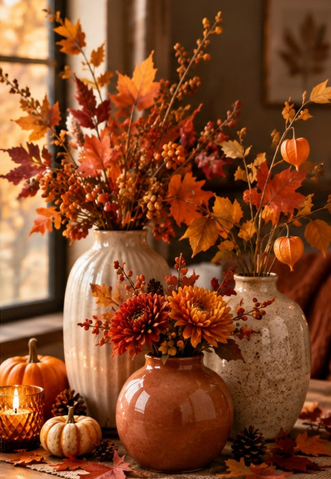 plusieurs vases mis en scène avec une décoration automnale sur une table en bois avec fleurs.