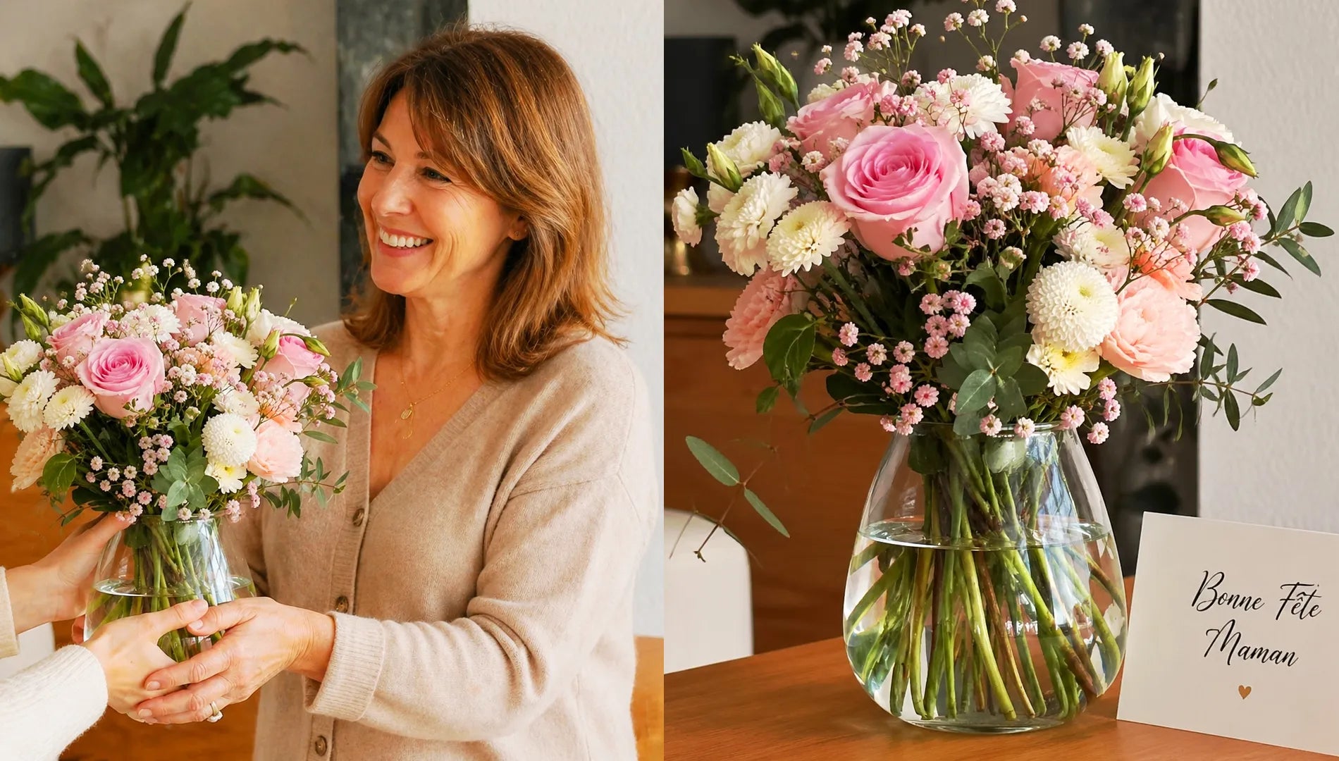 Présentation d'une fille qui offre un vase avec un bouquet de fleurs à  sa mère et un vase sur une table avec des fleurs avec un mot bonne fête maman.