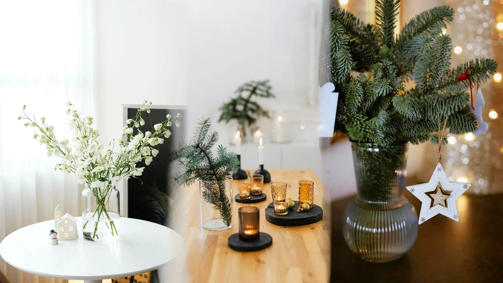 Présentation de plusieurs vases avec ornements de Noël.