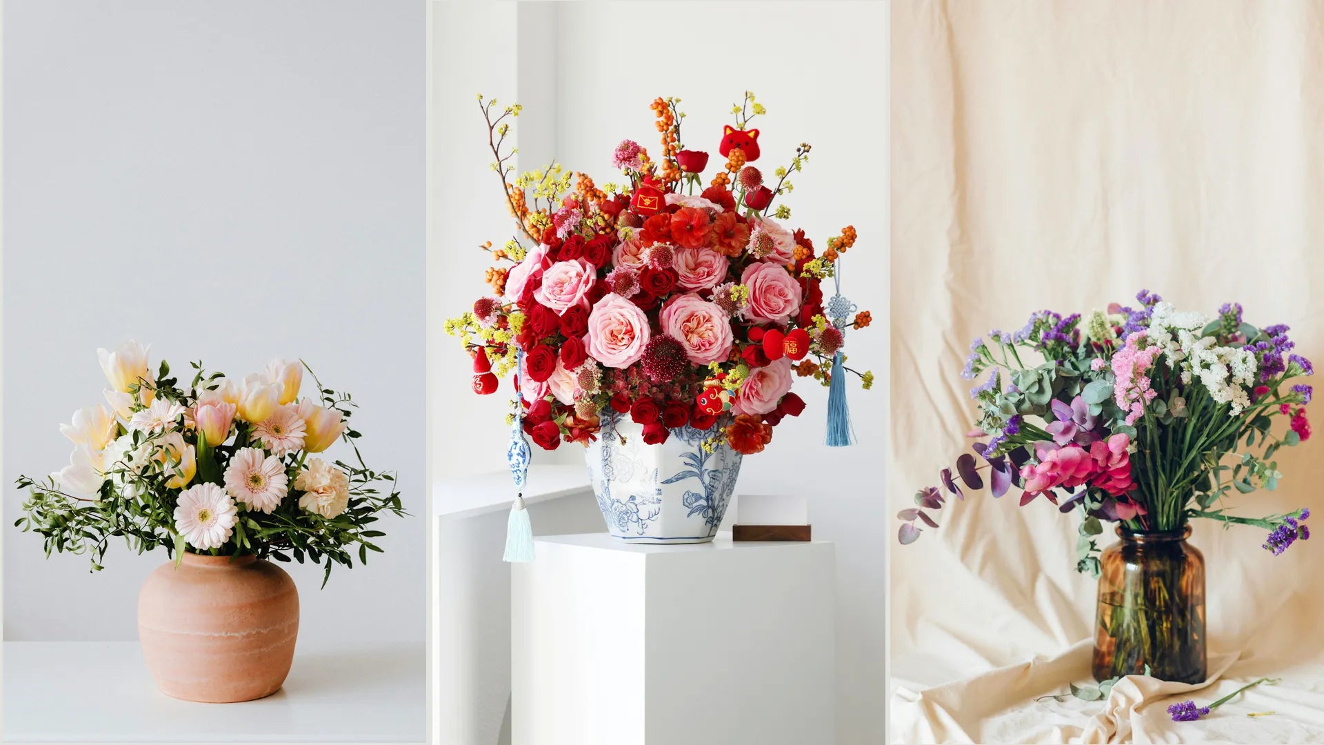 Présentation de plusieurs vases avec bouquets de fleurs printaniers.