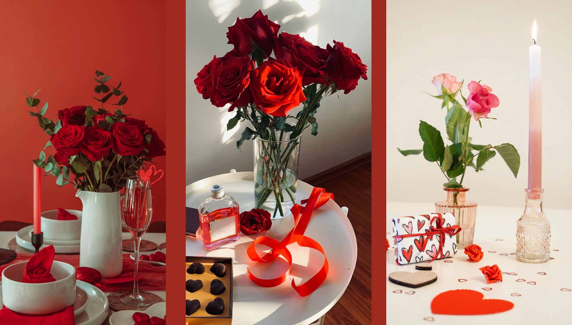 Présentation de plusieurs vases avec bouquets de roses pour une mise en scène de Saint Valentin.