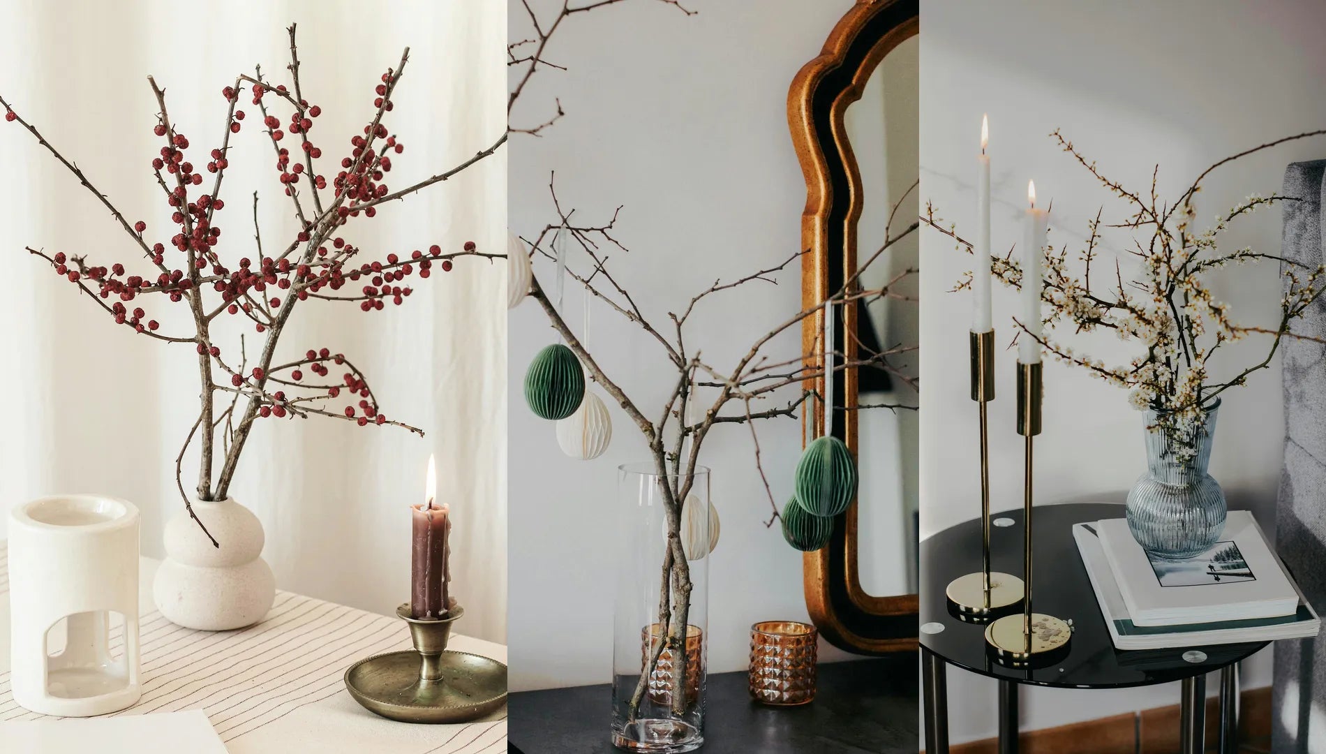 Présentation de plusieurs vases mise en scène avec des branches séchées et ornements de décoration.